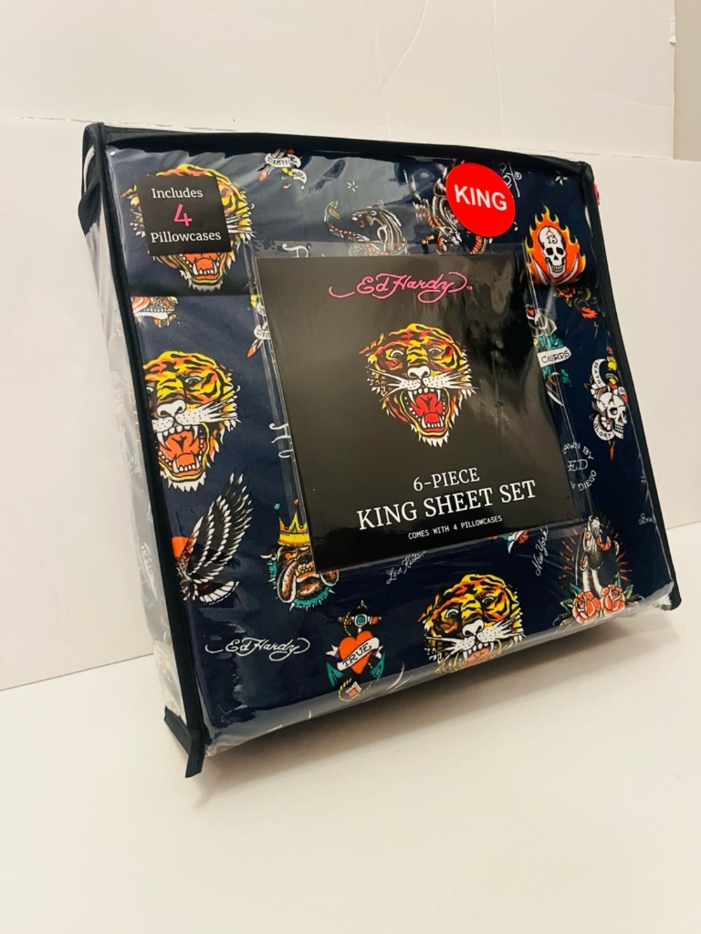 Ed Hardy Blue King Size Sheet Set Royal Bulldog Skull Panther Tiger Snake Geisha